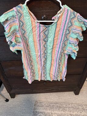 Haptics Multicolor Striped Ruffle Sleeve Blouse - Mint & Coral